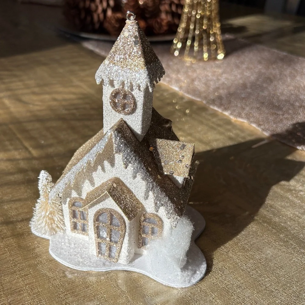 Pier 1 Gold and White Glitter Light-Up Church - Picture 5 of 6
